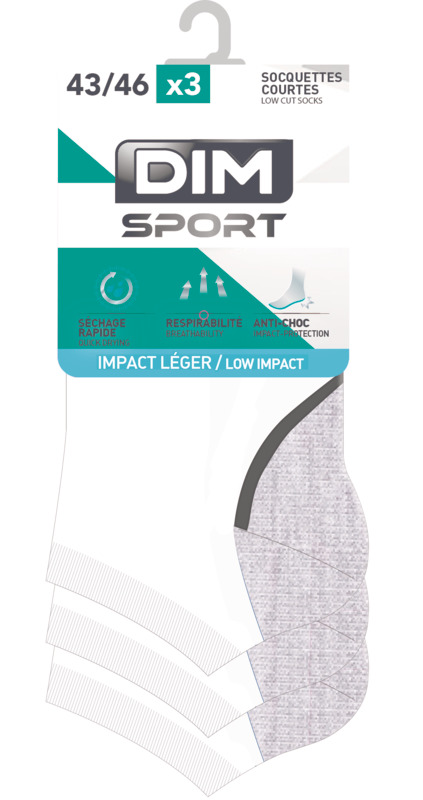 DIM Lot de 3 paires de Socquettes Homme Coton SPORT Noir Gris
