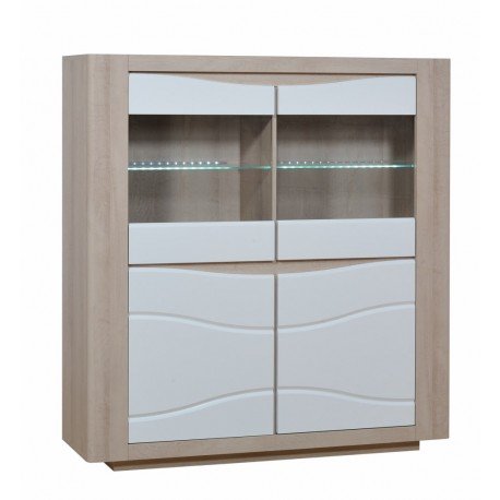 Vitrine 4 portes, blanc laqué, chêne clair.