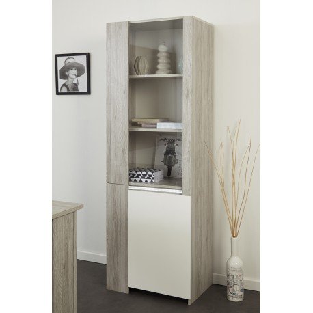 Vitrine LUNEO Chêne Gris et Blanc Brillant, Lum...