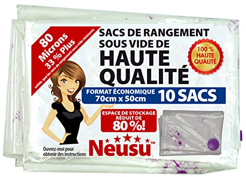 Neusu Sacs de rangement sous vide format économique 10 sacs - sacs sous vide de qualité haut de gamme de 80 microns pour économiser de l'espace - lot de 10 sacs taille moyenne 70 cm x 50 cm code EAN 0153904581059 