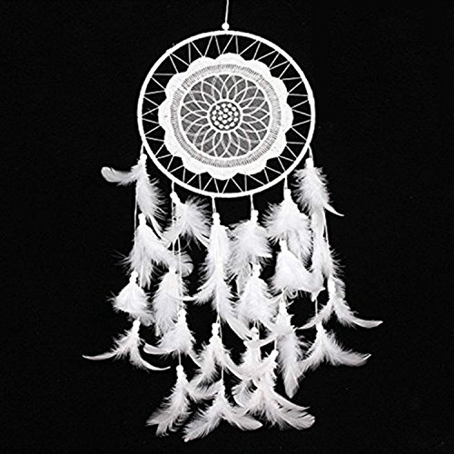 FLYCAMEL flycamel Home Décoration à suspendre Dream Catcher Blanc Lacets Attrape rêves fait main traditionnel blanc perles et plumes avec blanc dentelle flycamel environ 20 cm 19,8 cm Diamètre 63 cm 63 cm Long 0190073597863 (0190073597863)