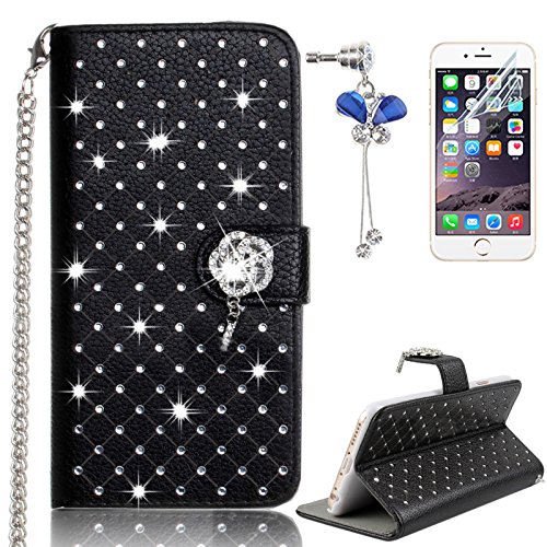 Coque iPhone 5s, Sunroyal® Apple iPhone 5/5S Etui à Rabat PU Cuir Portefeuille Housse Feature Bling Rose Diamant Strass Case Cover Ultra-fin Flip Couvercle Rabattable Dragonne Chaîne avec Stand et Rangements Cartes Protection pour iPhone 5/5S - Noir 0190875018702 Sunroyal