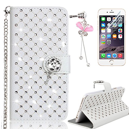 Coque iPhone 5s, Sunroyal® Apple iPhone 5/5S Etui à Rabat PU Cuir Portefeuille Housse Feature Bling Rose Diamant Strass Case Cover Ultra-fin Flip Couvercle Rabattable Dragonne Chaîne avec Stand et Rangements Cartes Protection pour iPhone 5/5S - Blanc 0190875018719 Sunroyal