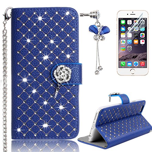 Coque iPhone 6s, Sunroyal® Apple iPhone 6/6S Etui à Rabat PU Cuir Portefeuille Housse Feature Bling Rose Diamant Strass Case Cover Ultra-fin Flip Couvercle Rabattable Dragonne Chaîne avec Stand et Rangements Cartes Protection pour iPhone 6/6S (4.7") - Bleu 0190875058555 Sunroyal