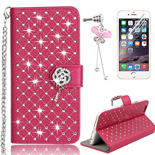 Coque iPhone 6s, Sunroyal® Apple iPhone 6/6S Etui à Rabat PU Cuir Portefeuille Housse Feature Bling Rose Diamant Strass Case Cover Ultra-fin Flip Couvercle Rabattable Dragonne Chaîne avec Stand et Rangements Cartes Protection pour iPhone 6/6S (4.7") - Rouge 0190875058562 Sunroyal