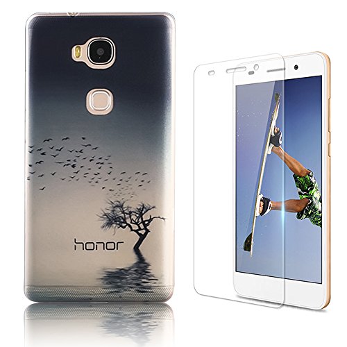 Coque Etui Honor 5X, Sunroyal® Huawei Honor 5X Housse de Protection Soft TPU Silicone Impression Case Cover Ultra-Slim Souple Couvrir Anti-Choc Anti-Shock Coquille Arrière Motif Paysage pour Huawei Honor 5X (5.5 pouces) + HD Transparent Film Protector Protège écran 0190875067977 Sunroyal