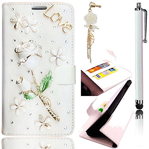Wiko fever diy 3d diamant etui housse coque en leather synthetique cuir bling crystal strass flip case cover luxury élégant rhinestone cas sac swag portefeuille pochette pc plastique dur shell hull couvrir couvercle rabattable rabat folio couverture livre ultra fine cassette fonction magnétique fermoir card holder protège d'écran bumper skin retour back cover coquille arrière avec love blanc fleur rose romantique pour wiko fever (5,2 pouces) 0190875074944 Sunroyal