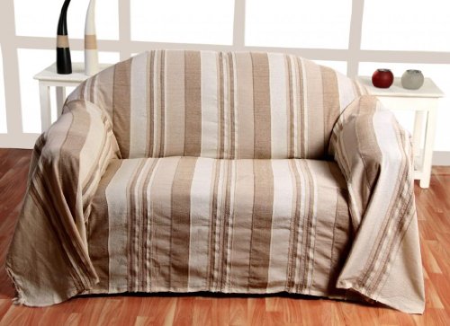 Homescapes Jeté de lit/jeté de canapé beige à rayures de 230 x 255 cm en pur coton appartenant à la collection "stripes" code EAN 0508040015126 