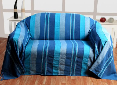 Homescapes Jeté de lit/jeté de canapé bleu à rayures de 230 x 255 cm en pur coton appartenant à la collection "stripes" code EAN 0508040015157 