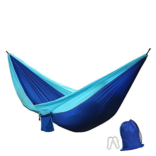 Yokimico Hamac portable en tissu de nylon parachute double charge 300 kg ultra-léger résistant aux intempéries pour le camping,voyage, maison, jardin, plage bleu foncé + bleu clair code EAN 0600380065653 