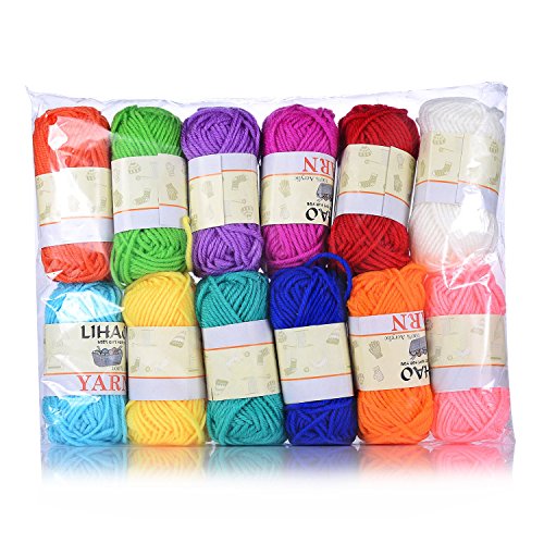 LIHAO Mini pelotes de laine multicolores en acrylique pour tricot, les loisirs créatifs - (lot de 12pcs, 26m/rouleau, 15g/rouleau) code EAN 0601279596906 