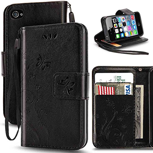 Korecase Cuir housse relief fleur papillon pu portefeuille étui flip protection coque case avec fonction support et fente carte pour apple iphone 4/4s (nior) 0602258906587 (0602258906587)