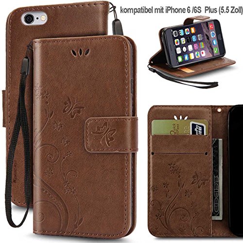 Korecase Cuir housse relief fleur papillon pu portefeuille étui flip protection coque case avec fonction support et fente carte pour apple iphone 6 plus / iphone 6s plus (5,5 inch) (brun) 0602258906600 (0602258906600)