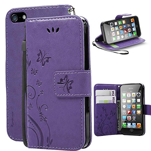 Korecase Cuir housse relief fleur papillon pu portefeuille étui flip protection coque case avec fonction support et fente carte pour apple iphone 5/5s/se (violet) 0602258908246 (0602258908246)