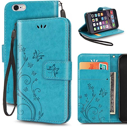 Korecase Cuir housse relief fleur papillon pu portefeuille étui flip protection coque case avec fonction support et fente carte pour apple iphone 6/6s (4.7 pouces) (bleu) 0602258908291 (0602258908291)