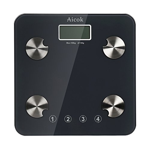 Aicok Pèse personne impédancemètre, balance de mesure de graisse corporelle numérique avec technologie step-on, plate-forme en verre trempé, 150 kg / 330 lb, mesure du poids, de la graisse corporelle, de l'eau , de la masse musculaire et osseuse , balance de salle de bain code EAN 0603161078385 
