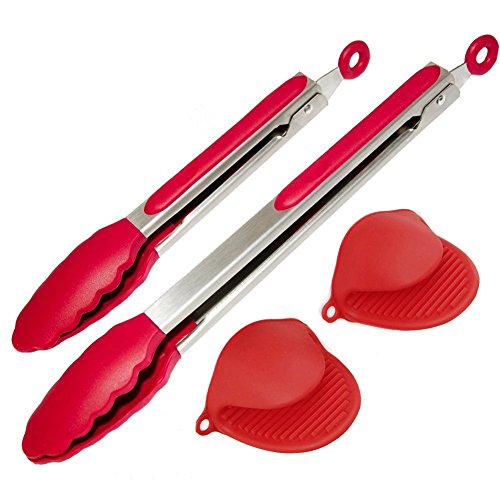 kiboom Pince de cuisine, manlehom Pince à salade (22,9 cm + 30,5 cm) + Lot de 2 en silicone Gant Four, cuisson Aliments Pince à Grill pour barbecue Pince en silicone très résistant avec embouts en silicone, Rouge 0603983695036 KIBOOM