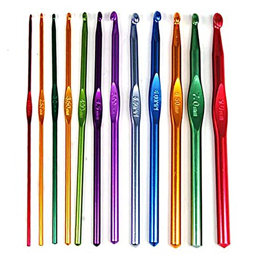TaleeMall Ensemble de 12 aiguilles à crochet en aluminium multi couleur crochets tricot 2.0mm 2.5mm 3.0mm 3.5mm 4.0mm 4.5m 5.0mm 5.5mm 6.0mm 6.5mm 7.0mm 8.0mm code EAN 0606860012384 