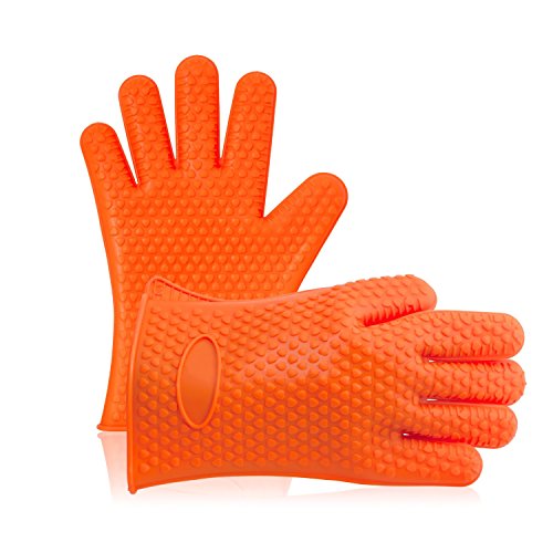 Paire gants en silicone de cuisine anti chaleur imperméable pour grill avec crochet , idéal pour four, griller, barbecue, cuissine, lave-vaisselle et d'ebullition etanche dérapage (une paire, orange) 0611029687600 Potensic