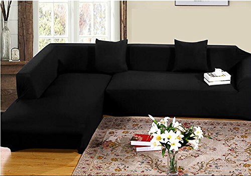 Getmorebeauty getmorebeauty Pure Color stretch Tissu élastique 2 3 4 housses Chaise canapé chaise canapé/argenté facile pour les/d'angle en forme de L/Canapé Sectionnelles, noir, L-shaped 3+4 seats 0611387780616 (0611387780616)