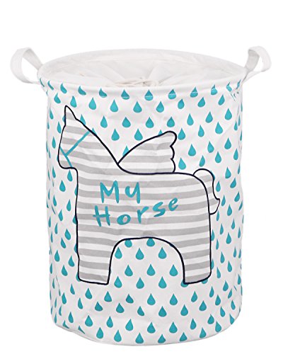 EgoEra Pliable grand cylindrique mignonne poney toile blanchisserie panier stockage de rangement sac imperméable jouets organisateur linge paniers titulaire pour enfants bébé filles les adolescents, avec cordonnet, poney 3 code EAN 0612953194776 