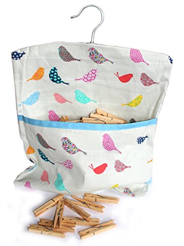 Petits Oiseaux - Multicolore Coton de qualité supérieure Sac à pinces à linge avec vêtements LINE Crochet de suspension - Comprend 40 pinces à linge en bois de qualité supérieure 0613869848722 Little Birds