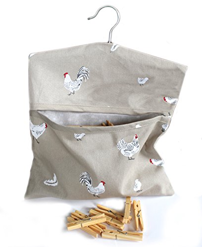 Pecking Order Leonardo/poules - picorant Commande - Pierre/Taupe - Coton de qualité supérieure Sac à pinces à linge avec vêtements LINE Crochet de suspension - Comprend 40 pinces à linge en bois de qualité supérieure code EAN 0613869848753 