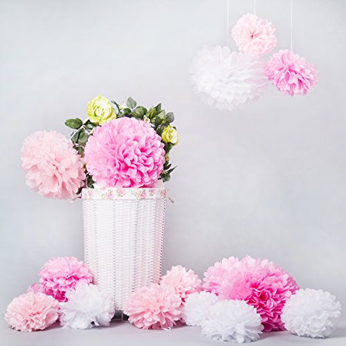 Bliqniq 15x pompons fleurs en papier de soie pour la décoration de la noce,du baby shower.blanc/rose clair/rose(ø20,25,35cm) code EAN 0615228258784 