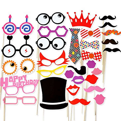 xpeke 31Pcs Colorée et Expressive Accessoires pour Photobooth avec Bâton Déguisement Masque Moustache Lunettes Chapeaux Lèvre Lunettes Cravate pour Mariage, Anniversaire, Noël, Fun Party Décor Faveurs etc / Loup et lunettes code EAN 0615228594066 