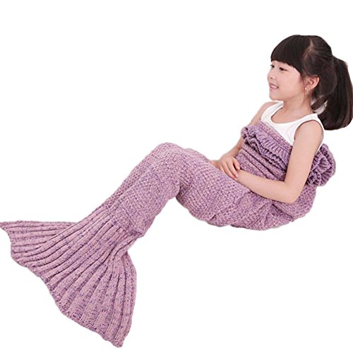 Mermaid Tail Blanket avec des volants pour les enfants, la main en tricot Canapé chaud Lance Salon Sac de couchage 135cm x 65cm (Enfants, Lavande) 0615228992473 J&Juin