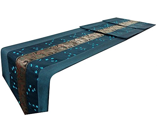 Chemin de Table-Chemin de lit en soie thaïlandaise Bleu Turquoise-& coton fabriqué à la main 0616174947616 SiamRunners