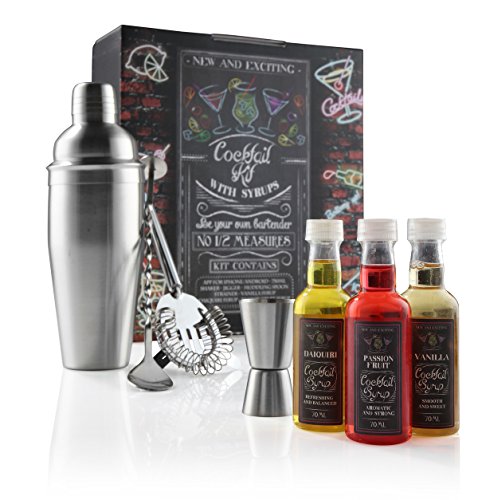 eKitch Coffret cadeau Cocktail - Inclue un shaker de 750ml, un agitateur, une passoire + 3 sirops aromatisés - Inclue une Application contenant une base de données de plus de 16000 recettes de cocktails. code EAN 0616983191903 