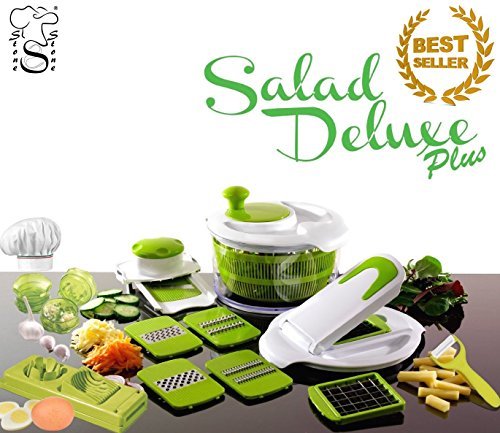 Stone Saladier, Coupe-Légumes, Trancheuse, Essoreuse pour salade, Robot de cuisine + Hacheur d'ail, Coupe-Oeuf + Eplucheur de Pommes de Terre en Céramique fabriqué par stone&stone code EAN 0634041946524 