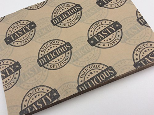 Tasty & Delicious 50 x délicieux et savoureux Imprimé Noir sur papier Marron feuilles Burger sulfurisé pour aliments Deli Premium code EAN 0634154687260 