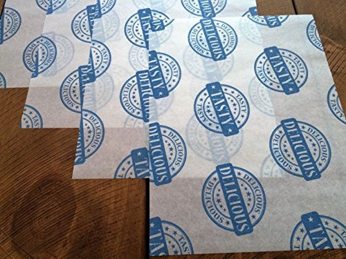 DELICIOUS & TASTY Délicieux et savoureux Imprimé Feuilles de papier parchemin Burger sulfurisé pour aliments Deli Premium - bleu sur blanc, 500 Sheets code EAN 0634158573163 