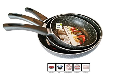 Lot de 3 Poêles Revêtement Façon Pierre Noir : ...