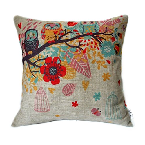 Elviros Coton lin blend décoratif housse de coussin 45x45 cm [ 18x18'' ] - hibou code EAN 0635983249162 