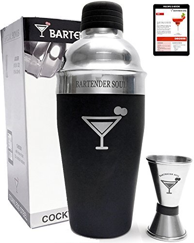 Shaker Cocktails Premium Noir de Bartender Soul® 550ml - Bar Kit Professionnelle avec Passoire intégrée, Doseur Jigger et Notre Collection de Recettes - Excellent Cadeau 0636391997959 Bartender Soul