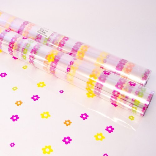 Daisy Cellophane 100m x 80cm Rouleau Papier emballage Film Cellophane Multicolore Impressions petites Fleurs - Rose, Orange, Vert sur papier transparent - Rouleau 100 mètres code EAN 0636501689613 