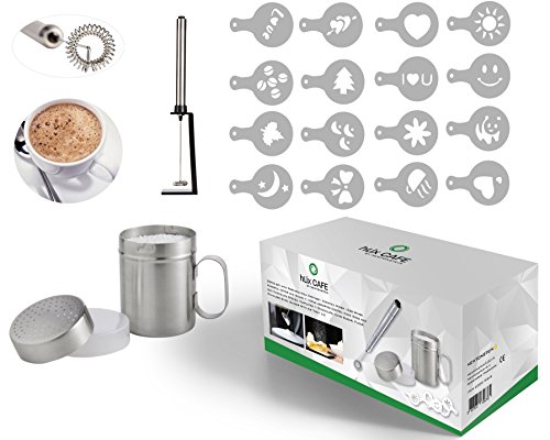Terraberk hLix CAFE - Ensemble de 20 pièces avec Mousseur de Lait Portable / Mélangeur à Cocktails / Fouet à uf avec moteur puissant et Support + 16 pièces de modèles de pochoirs assortis pour Café, Glaçage de Gâteau et Chocolat Chaud + Saupoudreur à Chocolat, Sucre Glace et Farine en Acier Inoxydable avec Couvercle Hermétique. code EAN 0637632656765 
