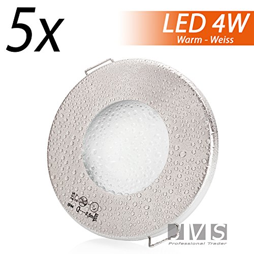 JVS-Handel Aqua slim 230 V Mat Chromé avec LED 4 W blanc chaud avec douille GU10 Spot Plafonnier Luminaire Salle de Bain IP44 spot Spots Encastrables Moderne 5er Set code EAN 0638414660444 