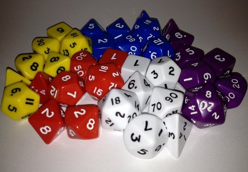 Forlorn Hope Games MATCHED COLOUR D&D RPG Dice bulk dice pack - 5x7 dice sets, opaque, plastic 5 colours. Contains d4, d6, d8, d10, d%, d12 and d20 x5 code EAN 0639713727005 
