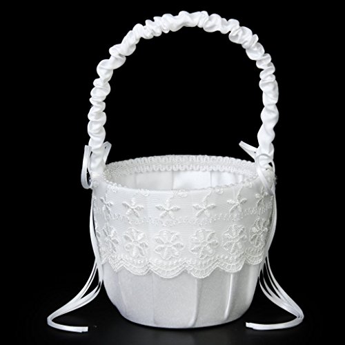 Panier de Fille de Fleur en Satin Blanc Orné de...