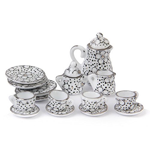 15 pcs dollhouse tea set miniature floral porce...