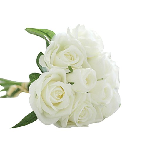 Amlaiworld Fleurs de faux soie artificielles 9 têtes de la feuille rose, decor floral mariage, bouquet de la mariée (blanc) 0646150632045 (0646150632045)