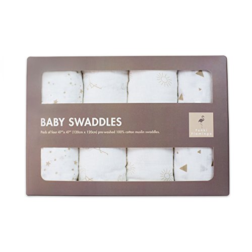 Funki Flamingo Couverture d'Emmaillotage Haut de Gamme en Mousseline | Votre Bébé Savourera l'Emmaillotage | Pack de 4 en Design Unisexe | Coton Doux et Respirant Haut de Gamme | Ultra Large | 100% Garantie Infinie |Idéale comme Cadeau | code EAN 0646437178662 