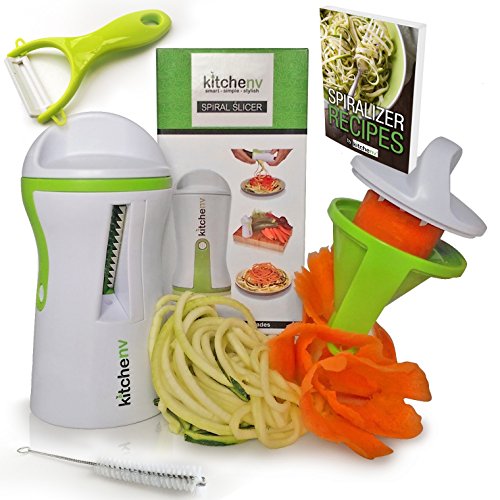 Kitchen-nv Nouveau design 3 dans 1 spiraliseur - coupe-légumes - legumes spaghetti - legumes spirale - comprend 3 accessoires libres - brosse de nettoyage - eplucheur julienne recettes e-book - email d'instruction - legumes spirale code EAN 0646437343527 
