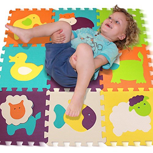 Matelas puzzle de jeu - Les pièces de puzzle à emboîtement favorisent le développement sensoriel visuel - Matelas de sol souple pour bébé - 9 carrés avec images expressives d'animaux pour capter l'attention de l'enfant - Carrés de sol en mousse - Matelas EVA - Non toxique 0646437876513 TOMI MAT