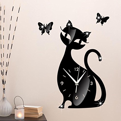 Chat mignon papillon miroir noir horloge murale...