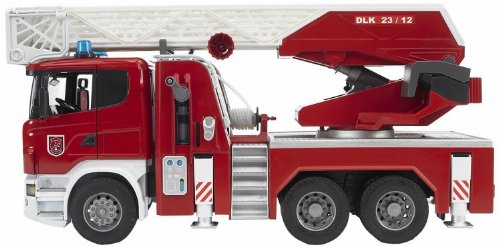Bruder - 3590 -  véhicule miniature - camion - pompier scania r-série avec echelle et pompe à eau fonctionnelles - module son et lumière code EAN 0696748526898 